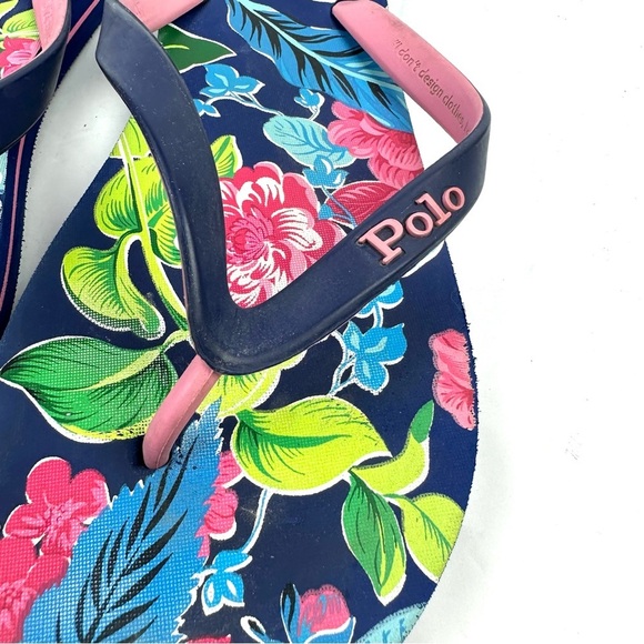 Polo Ralph Lauren Bolt Flip Flops 13-14 Navy Garden Floral Tropical Sandals Mens - Picture 2 of 7